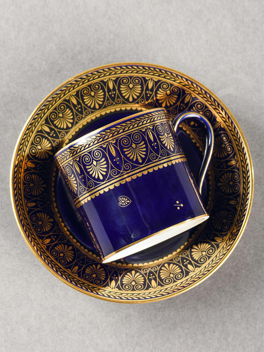 独角鹿西洋古董塞弗尔瓷器古希腊风棕榈描金帝王蓝釉咖啡杯碟套装 商品图4