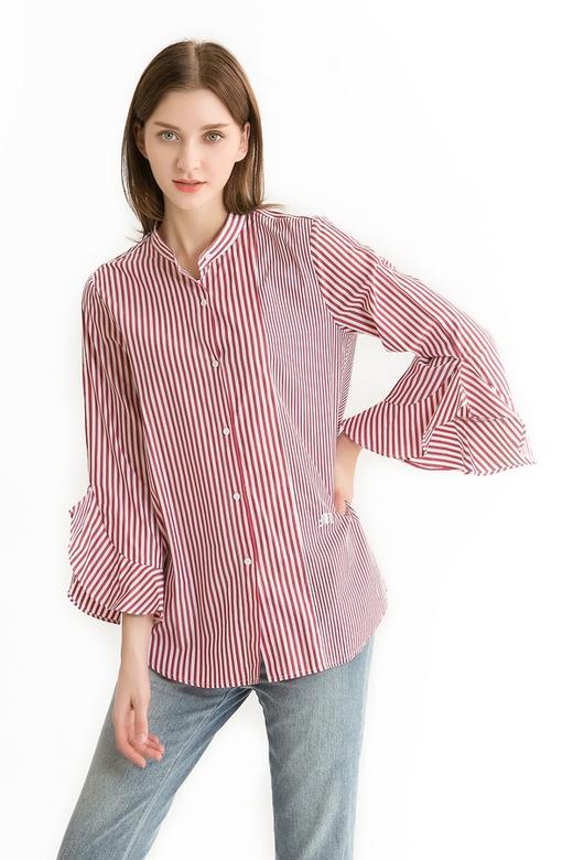 Mo&Co.摩安珂 红白条纹荷叶袖衬衫 340 商品图2