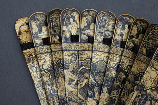 独角鹿西洋古董1900年代中国出品黑漆扇面折扇 商品图1