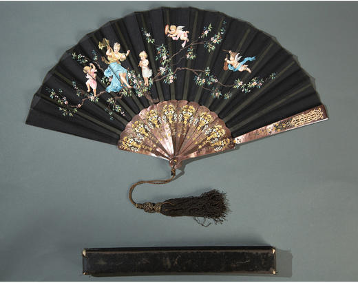 独角鹿西洋古董法国GESLIN工坊镂雕鲍贝扇骨天使彩绘丝绸扇面折扇 商品图2