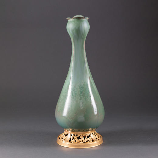 独角鹿西洋古董1900年代欧洲新艺术风格铜鎏金底座绿色紫光花瓶 商品图0