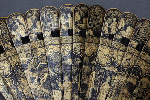 独角鹿西洋古董1900年代中国出品黑漆扇面折扇 商品图2