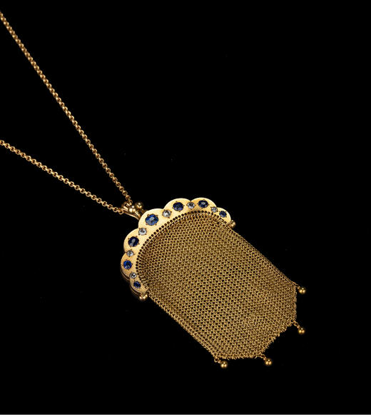 独角鹿西洋古董18K黄金镶嵌钻石蓝宝石配长链珠扣黄金编织零钱包 商品图4