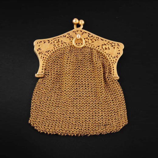 独角鹿西洋古董法国新艺术风格花卉雕刻18K黄金网状编织零钱袋 商品图0