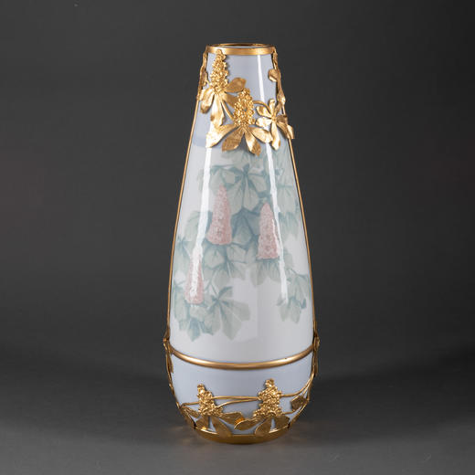 独角鹿西洋古董新艺术时期出品铜鎏金雕饰花穗主题手绘浮雕花瓶 商品图0