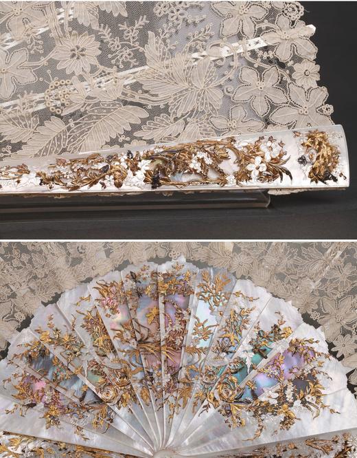 独角鹿西洋古董法国花卉主题蕾丝扇面镂空雕刻描金母贝扇骨折扇 商品图2