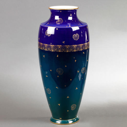 独角鹿西洋古董法国塞弗尔瓷器蓝绿渐变釉色花叶描金花瓶瓷瓶 商品图0
