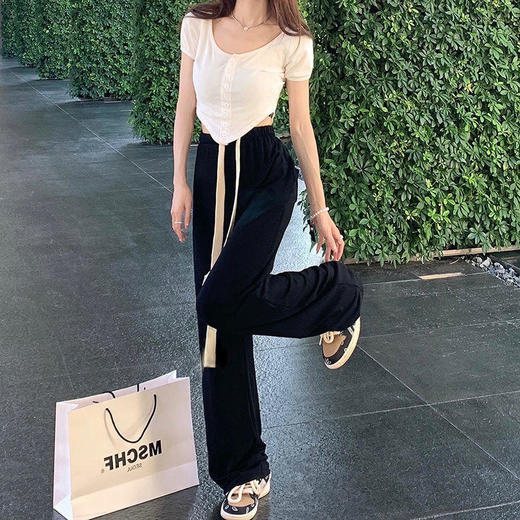 黑色阔腿裤女春夏季新款宽松显瘦抽绳休闲长裤运动高腰直筒拖地裤 商品图3