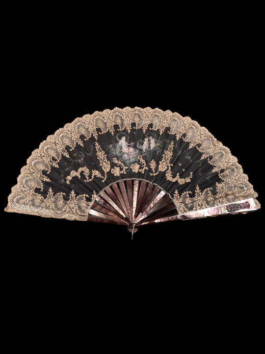 独角鹿西洋古董蕾丝女神与天使图绘黑丝绸扇面母贝扇骨古董折扇 商品图0