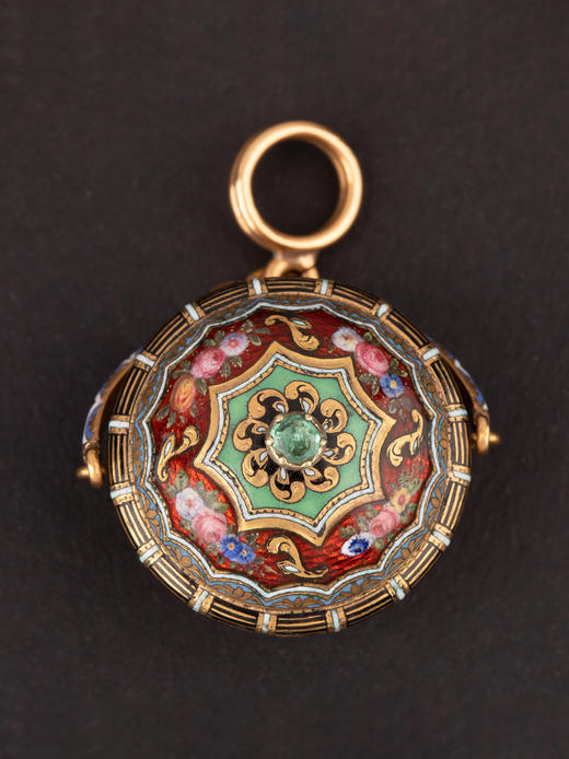 独角鹿西洋古董18k黄金珐琅嵌祖母绿彩色花卉纹样醒神盐瓶香水瓶 商品图0