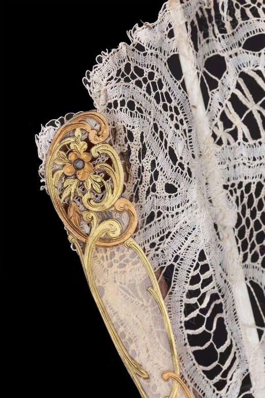 独角鹿西洋古董法国新艺术花卉主题吕克瑟伊蕾丝扇面牛角扇骨折扇 商品图3