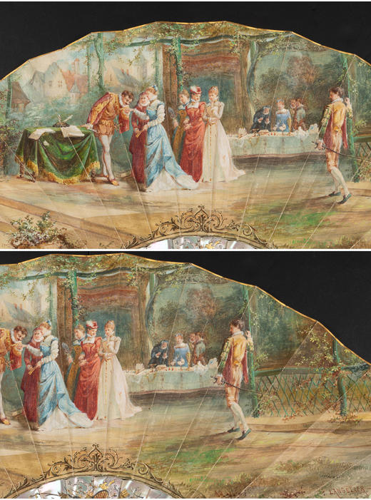 独角鹿西洋古董法国著名画师签名手绘天鹅皮扇面描金母贝扇骨折扇 商品图3