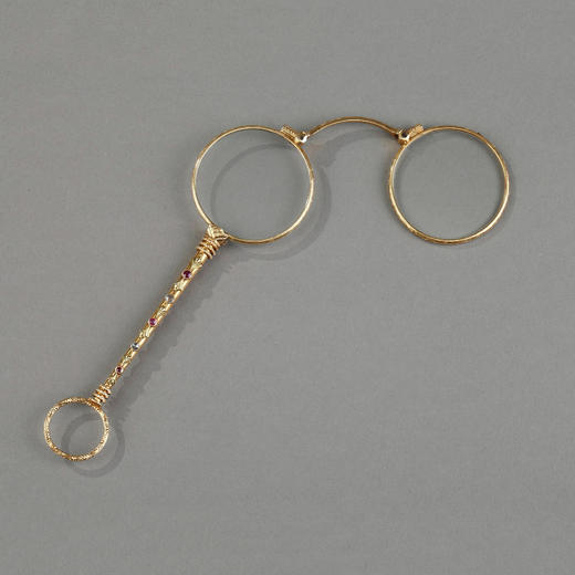 独角鹿西洋古董花卉精雕18k金镶嵌钻石红宝石可折叠手持长柄眼镜 商品图0