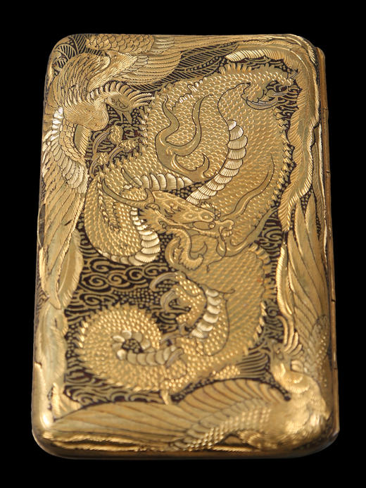 独角鹿西洋古董日本明治时期祥瑞龙凤与传统楼阁主题布目象嵌烟盒 商品图1