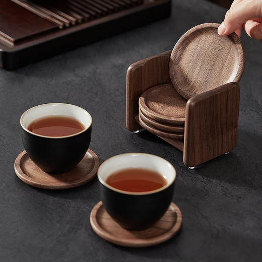 初心| 实木茶杯垫套装6个+收纳架黑胡桃木 商品图4