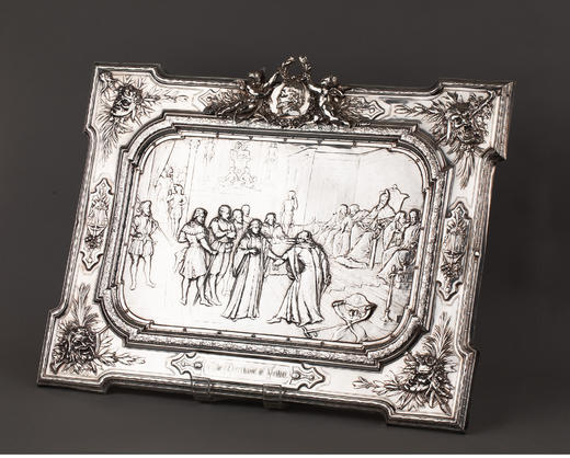 独角鹿西洋古董莎士比亚喜剧威尼斯商人无事生非主题浮雕镀银盾牌 商品图3