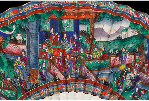 独角鹿西洋古董中国外销贵族定制母贝扇骨手工纸质扇面宫廷景折扇 商品图1