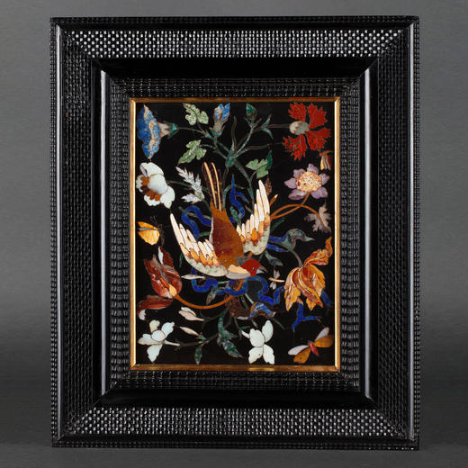 独角鹿西洋古董意大利文艺复兴风格花鸟硬石镶嵌乌木画框装饰画 商品图0