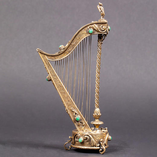 独角鹿西洋古董瑞士18弦竖琴造型雕刻纯银镀金嵌绿色玛瑙音乐盒 商品图4