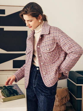 OLrain欧芮儿法式小香风短外套女秋冬2022年新款衬衫式粗花呢上衣