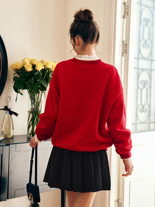 OLrain欧芮儿法式红色加绒卫衣女春季2025年新款宽松刺绣套头上衣 商品图2