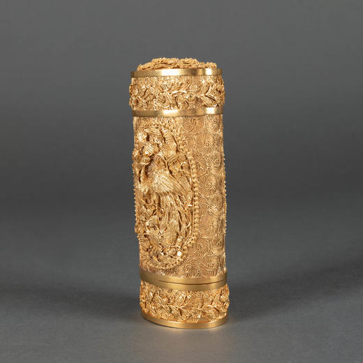 独角鹿西洋古董1825年代中国出品银镀金累丝龙凤主题椭圆传信筒 商品图1