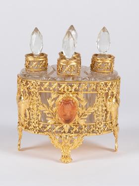 独角鹿西洋古董鸢尾纹铜鎏金嵌琉璃浮雕女神像水晶香水瓶套装