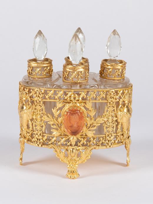 独角鹿西洋古董鸢尾纹铜鎏金嵌琉璃浮雕女神像水晶香水瓶套装 商品图0