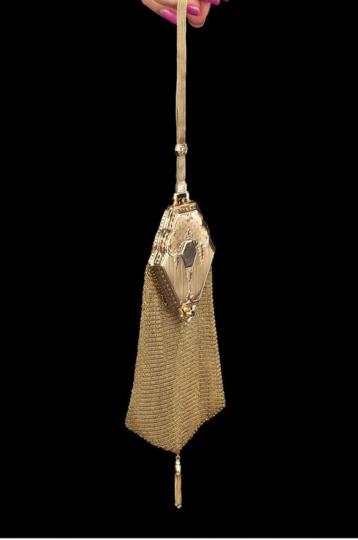 独角鹿西洋古董美国14K金雕花三色金锁子甲编织手挽零钱包晚宴包 商品图1