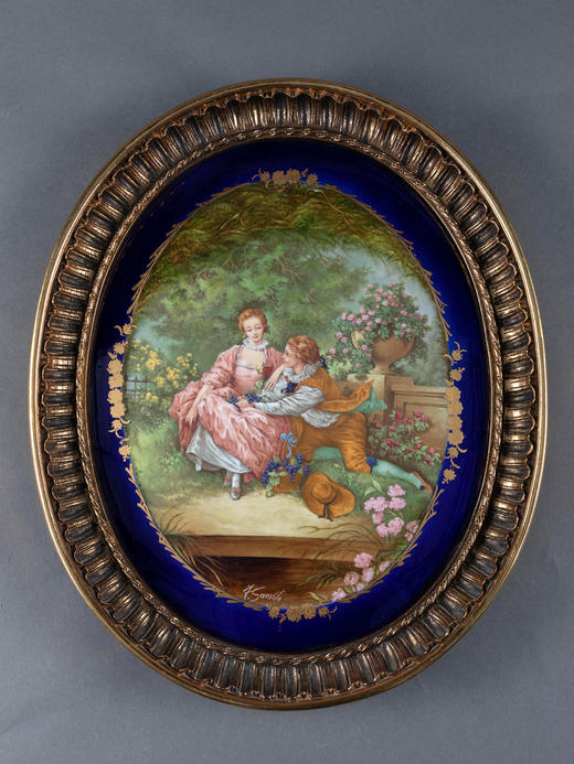 独角鹿西洋古董墙壁挂饰塞弗尔风格铜鎏金雕饰蓝底瓷画挂饰一对 商品图3