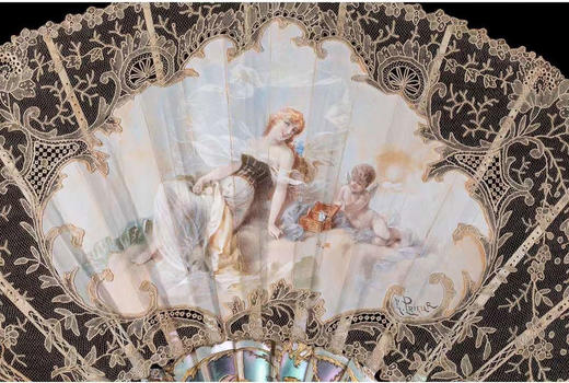 独角鹿西洋古董法国duvelleroy小牛皮蕾丝画师彩绘母贝扇骨折扇 商品图3