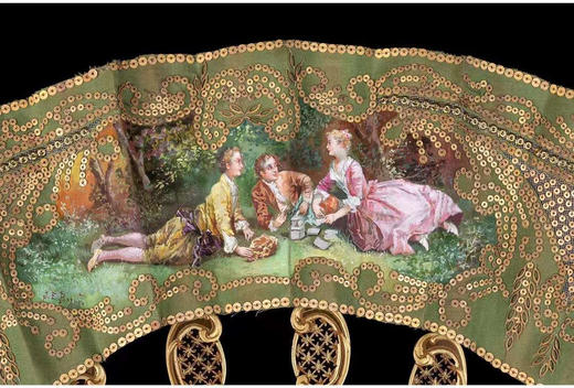 独角鹿西洋古董法国巴黎工坊画师签名丝绸彩绘双层扇面球形折扇 商品图1