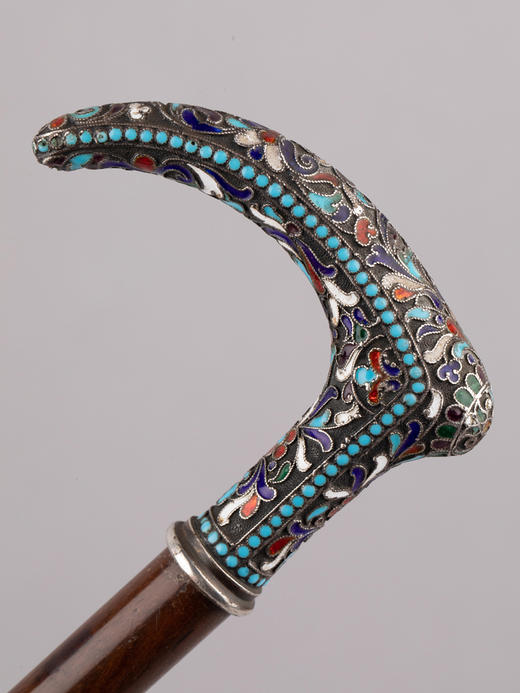 独角鹿西洋古董俄罗斯花叶纹样彩色珐琅银质杖柄硬木杖身古董手杖 商品图2