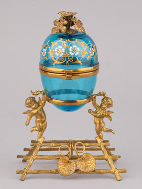 独角鹿西洋古董卢浮宫回廊商店铜鎏金描金珐琅蛋形蓝色水晶珍宝盒
