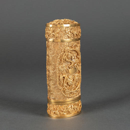 独角鹿西洋古董1825年代中国出品银镀金累丝龙凤主题椭圆传信筒 商品图2