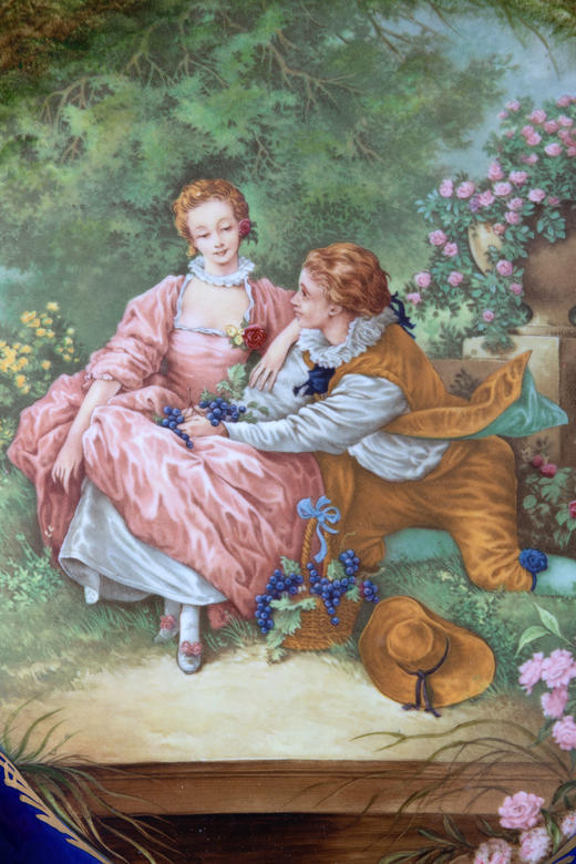 独角鹿西洋古董墙壁挂饰塞弗尔风格铜鎏金雕饰蓝底瓷画挂饰一对 商品图4