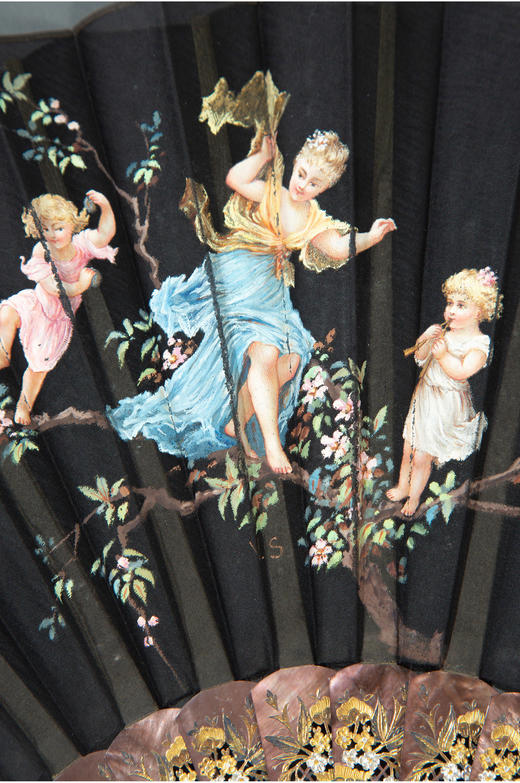 独角鹿西洋古董法国GESLIN工坊镂雕鲍贝扇骨天使彩绘丝绸扇面折扇 商品图3