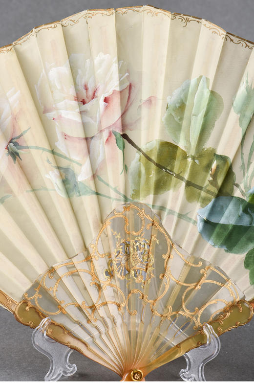 独角鹿西洋古董Duvelleroy工坊玫瑰手绘真丝面镂雕牛角球形折扇 商品图2