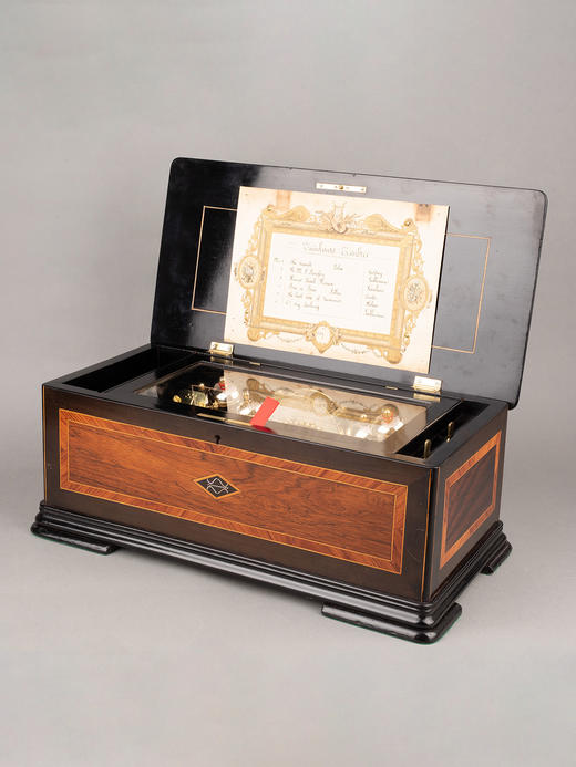 独角鹿西洋古董Paillard工坊细木镶嵌外箱配铃铛响鼓滚轴音乐盒 商品图2