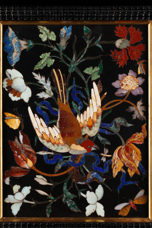 独角鹿西洋古董意大利文艺复兴风格花鸟硬石镶嵌乌木画框装饰画 商品图1