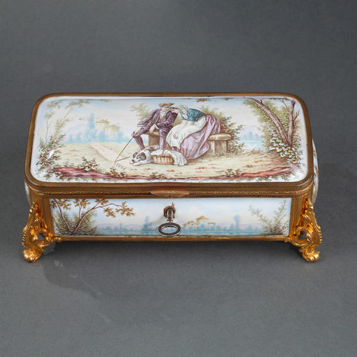 独角鹿西洋古董法国利摩⽇铜鎏⾦饰田园爱恋画珐琅珍宝盒首饰盒 商品图0