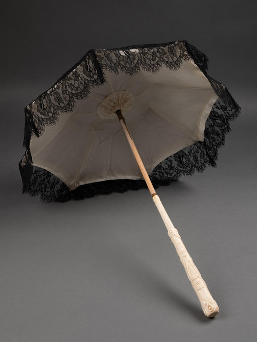 独角鹿西洋古董法国牛骨伞柄黑色尚蒂依蕾丝丝绸伞面古典淑女阳伞 商品图1