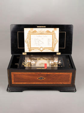 独角鹿西洋古董Paillard工坊细木镶嵌外箱配铃铛响鼓滚轴音乐盒