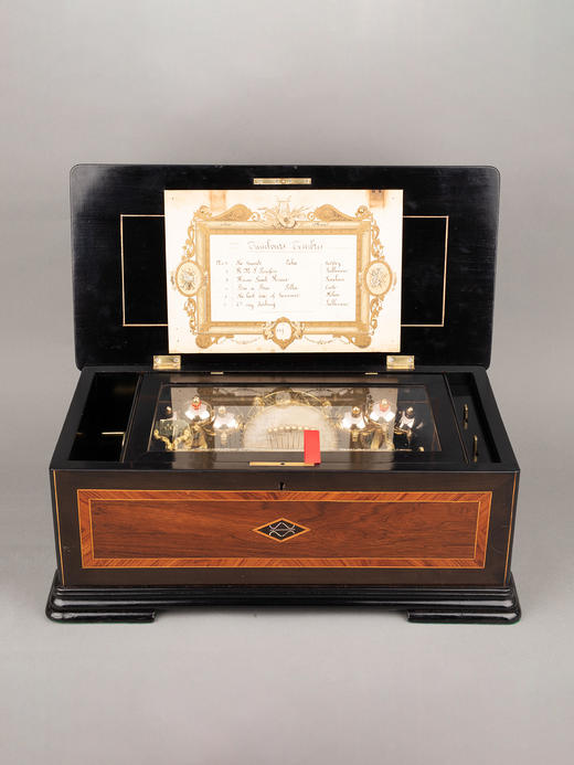 独角鹿西洋古董Paillard工坊细木镶嵌外箱配铃铛响鼓滚轴音乐盒 商品图0