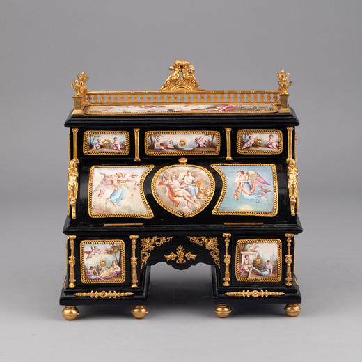 独角鹿西洋古董法国铜鎏金神祇手绘珐琅微缩抽屉翻盖橱桌式音乐盒 商品图0