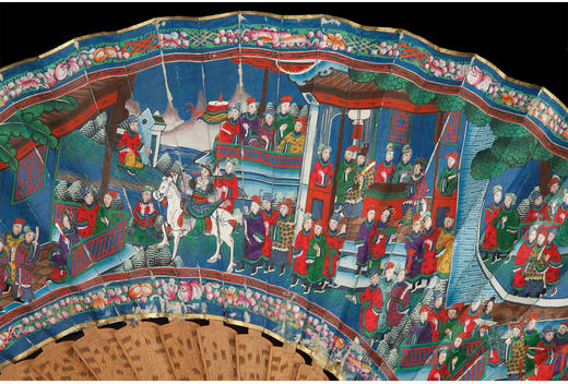 独角鹿西洋古董中国外销檀香木扇骨丝绸扇面官邸人不对称双面折扇 商品图1