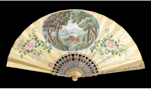 独角鹿西洋古董广东十三行银鎏金累丝烧蓝扇骨双面手绘纸面折扇 商品图2