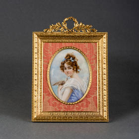 独角鹿西洋古董摆件法国路易十六风铜鎏金相框嵌手绘少女细密画像