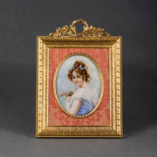独角鹿西洋古董摆件法国路易十六风铜鎏金相框嵌手绘少女细密画像 商品图0