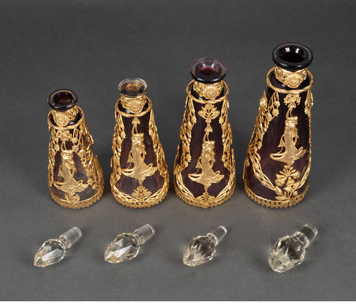 独角鹿西洋古董法国新艺术风格铜鎏金浮雕红水晶梳妆用具七套件 商品图3